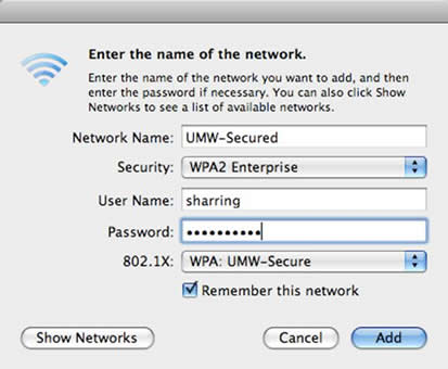 Enter network information - call the IT Help Desk if you cannot see content for help.