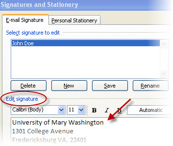 Entering text for your signature in Outlook.