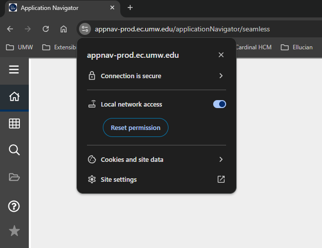 A screenshot showing a browser with a popup indicating that Local network access is enabled and the connection is secure