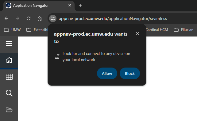 A screenshot of the Local Network Access Request in Google Chrome. The browser is requesting to access systems on the user's local network. Two buttons are visible with the labels "Allow" and "Deny".