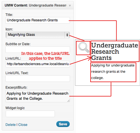 UMW Content Widget with icon and no extra text.