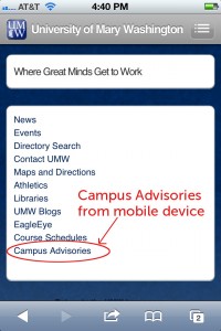 Campus Advisories on Mobile Home Page