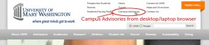 Campus Advisories link on the UMW home page