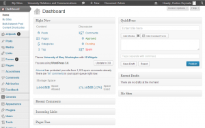 The "Admin Bar" and dashboard as they appear in WordPress 3.6.